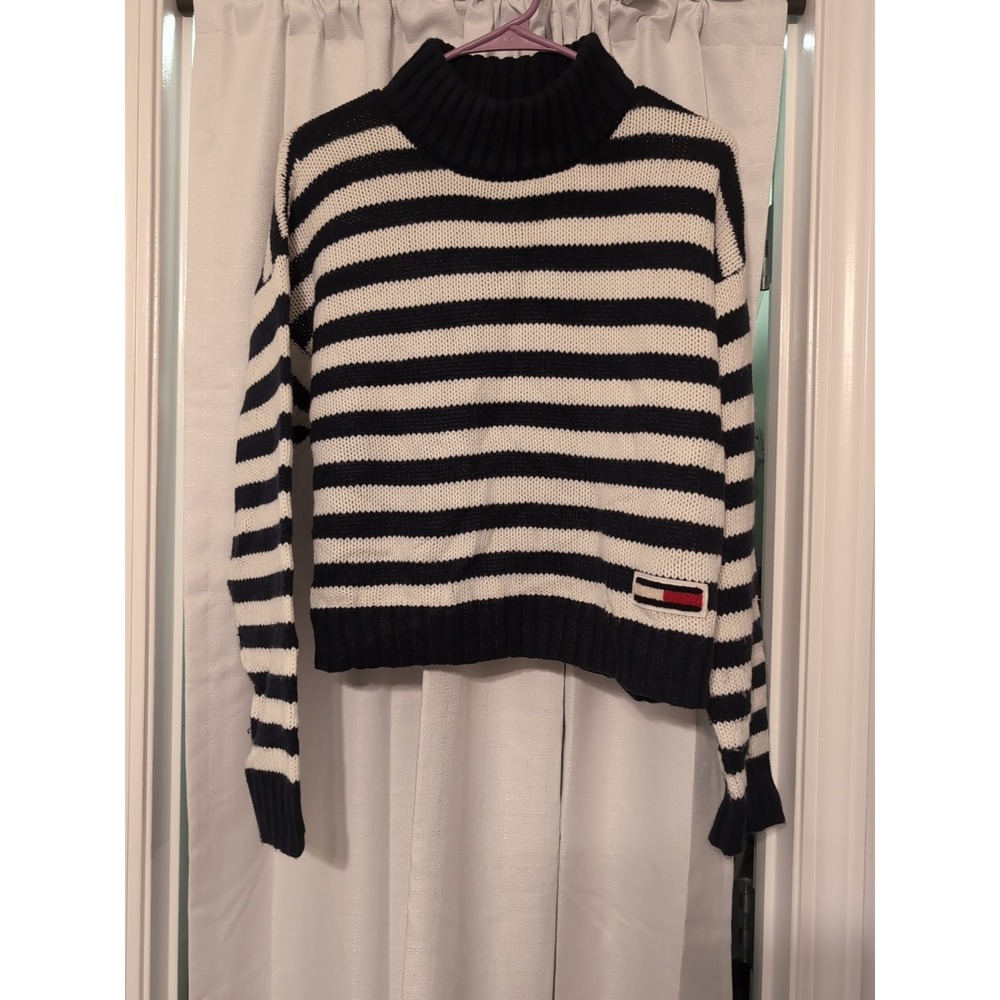 Tommy Hilfiger Jeans Navy White Striped Mocked Neck Long Sleeve Sweater Large